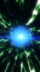 Naklejka premium Glowing blue energy core surrounded by green plasma streaks on a dark abstract sci-fi background.