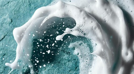 Fototapeta premium Aerial view of turquoise ocean waves with white foam and bubbles creating natural patterns on crystal clear tropical water surface.