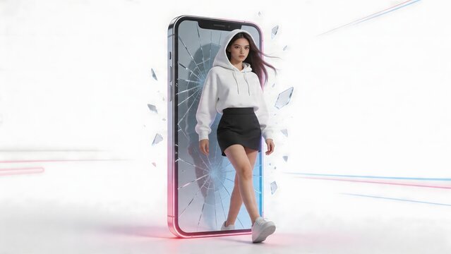 Woman emerging from shattered phone screen