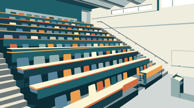 Empty university lecture hall with tiered seating wooden desks and a podium in a modern academic classroom setting vector illustration, Generative AI