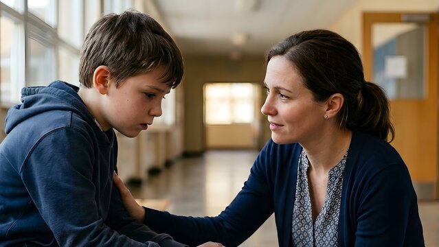 Empathetic woman talking to a crying little boy sitting by lockers. Illustrating kindness, guidance, and teacher-student relationship during a difficult moment in a primary school