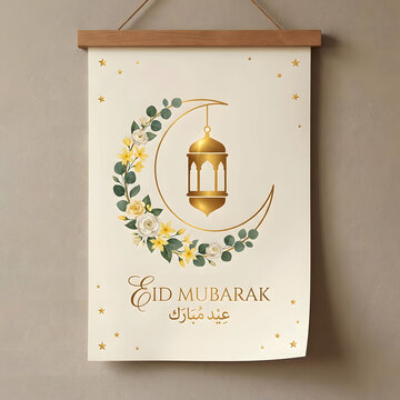 Eid mubarak hanging poster crescent moon lantern floral art greeting card.
