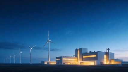 Obraz premium Wind turbines and industrial building at dusk