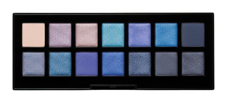 Luxurious eyeshadow palette featuring vivid blues, purples, and nudes with matte isolated transparent background image