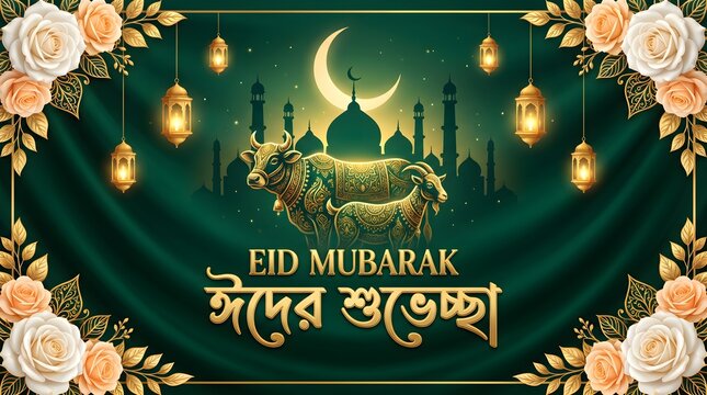 Eid mubarak greeting card with bulls and mosque silhouette at night