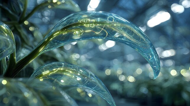 Abstract glass leaves with glowing digital veins in high tech greenhouse