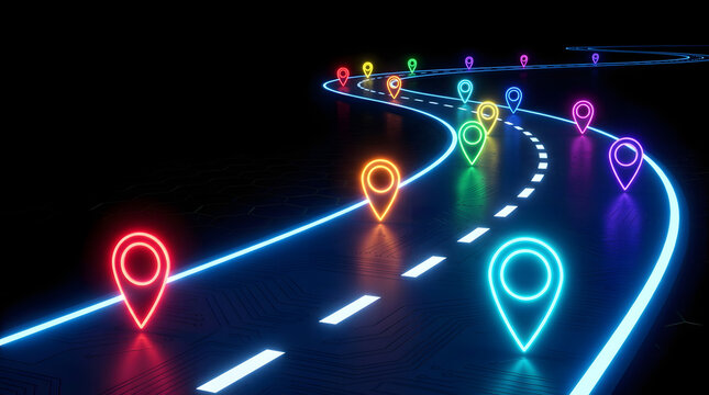 Digital technology roadmap with glowing neon winding road and markers