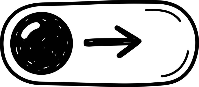 Hand-drawn toggle switch with right arrow, simple doodle icon for on or off.