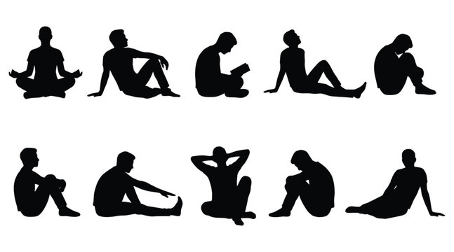 Set of silhouettes of a man sitting in different poses