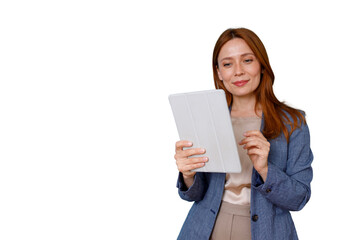 Fototapeta premium Businesswoman standing, smiling, and using a digital tablet for online work and communication on transparent background
