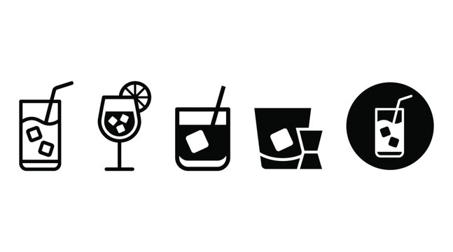 Set of drink icons with straws and ice cubes