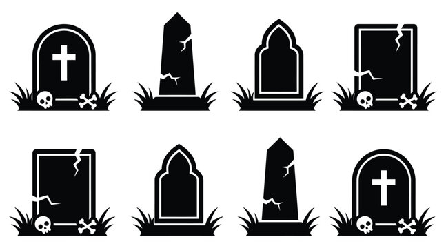 Set of eight tombstone icons with skulls and bones, graveyard elements for halloween