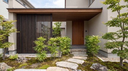 Fototapeta premium Asian inspired portico, Dark timber screen, Low horizontal roofline, Stone stepping path, Calm garden entrance, Minimal home exterior
