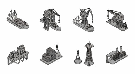 Isometric illustrations of industrial port and maritime elements including ships, cranes, and buoys. © Bunga