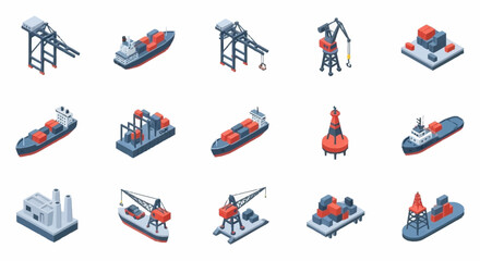 Isometric icons of maritime transport and port equipment, including ships, cranes, and buoys. © Bunga