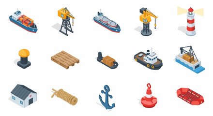 Isometric set of maritime and port elements including ships, cranes, lighthouse, and buoys. © Bunga
