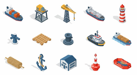 Collection of isometric maritime and port elements, including ships, cranes, lighthouses, and buoys. © Bunga