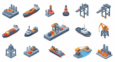 Isometric collection of industrial port and marine transport elements including ships, cranes, buoys, and factories. © Bunga