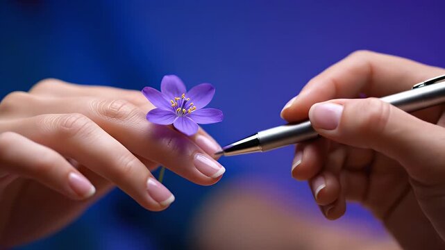 Gentle Hands Holding Purple Hepatica Flower on Blue Gradient Background with Silver Pen Pointing Towards Delicate