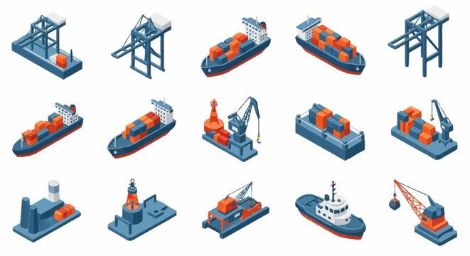 Collection of isometric illustrations of cargo ships, cranes, and port equipment for logistics and shipping industry.