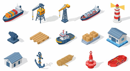 Collection of isometric maritime and industrial elements including ships, cranes, lighthouse, anchor, and buoys. © Bunga
