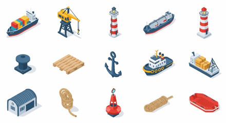 Collection of isometric maritime and port icons including ships, cranes, lighthouses, and buoys. © Bunga