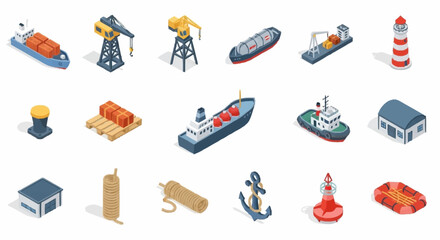 Collection of isometric maritime and port elements, including ships, cranes, buoys, and buildings. © Bunga