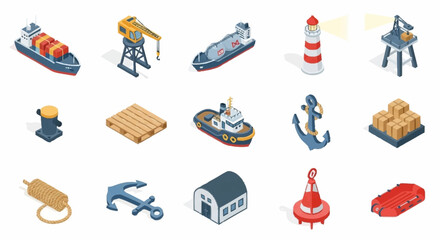 Set of isometric icons representing maritime and port elements, including ships, cranes, buoys, and anchors. © Bunga