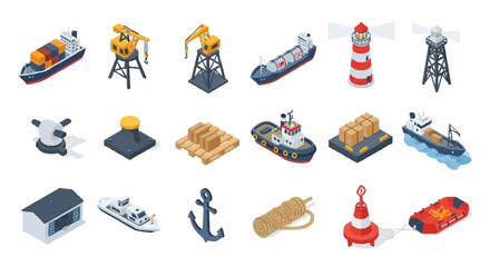 Collection of isometric maritime and port elements, including ships, cranes, lighthouses, and buoys. © Bunga