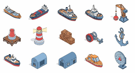 Collection of isometric maritime and industrial vector icons representing ships, buoys, lighthouses, cranes, and other nautical elements. © Bunga