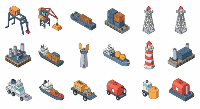 Collection of isometric industrial objects including ships, cranes, factories, and lighthouses.