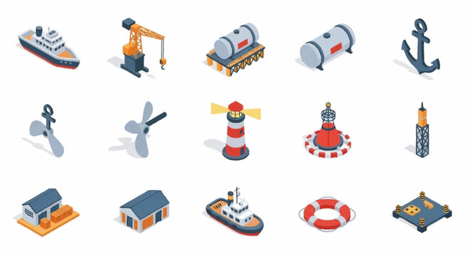 Collection of isometric maritime and nautical icons representing ships, anchors, lighthouses, and buoys.