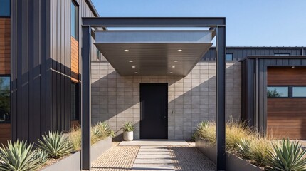 Naklejka premium Industrial steel beam portico, Concrete block entrance, Matte black front door, Gravel path landscaping, Minimal desert plants, Urban exterior