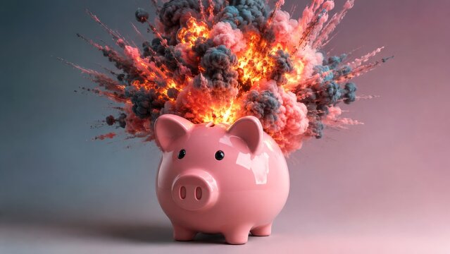 A pink piggy bank explodes with vibrant clouds of colorful smoke and fire, symbolizing financial chaos or unexpected expenses.