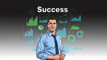 Naklejka premium Businessman standing before floating success business charts isolated on a transparent background