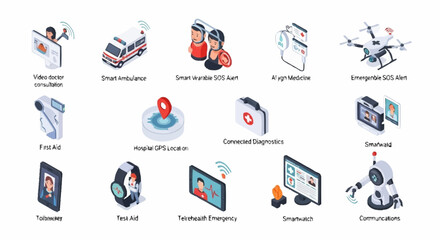 Fototapeta premium Collection of isometric icons representing modern healthcare technology and digital medical services.
