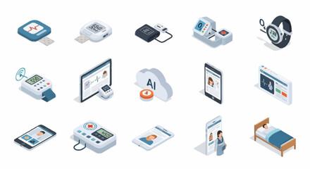 Fototapeta premium Collection of isometric icons representing modern healthcare technology and medical devices for remote patient monitoring and digital health.