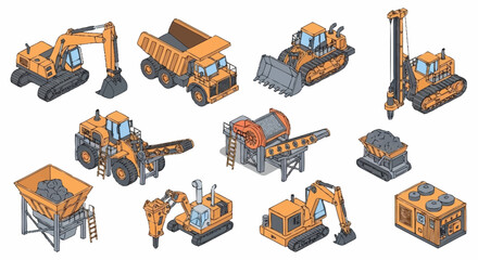 Collection of isometric construction vehicles and heavy machinery for building and industry projects. © Bunga