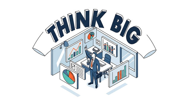 Businessman standing in an office with think big text above isolated on a transparent background