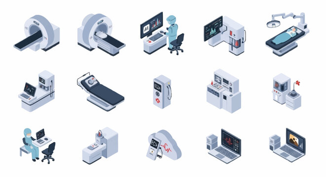 Collection of isometric medical equipment and technology icons for healthcare and diagnostics.