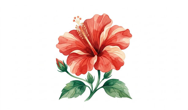Artistic Vector Watercolor Single Hibiscus Tropical Flower