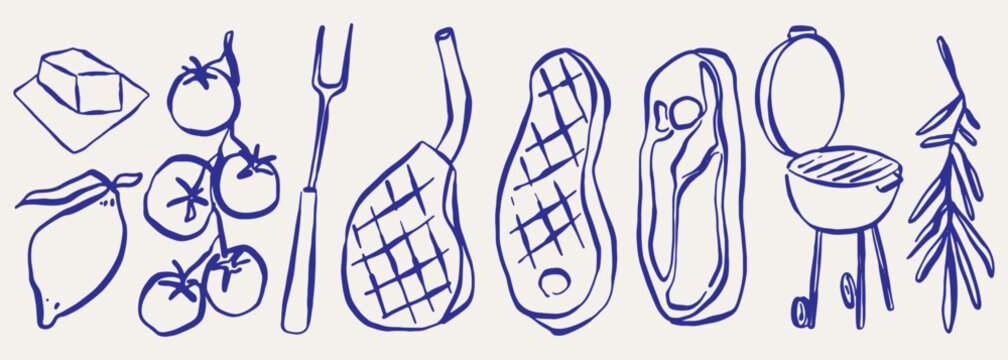 Ingredients for steak different cuts of steak, steak grill, butter, tomatoes, lemon, rosemary. set Doodle Sketch Vector ink style.