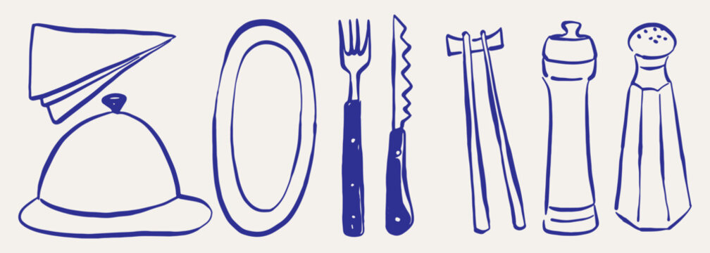 Serving utensils food covers, napkins, plates, knives, forks, chopsticks, salt and pepper shakers. set Doodle Sketch Vector ink style.