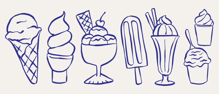 Many types of ice cream parfaits, ice cream cones, ice cream cups, ice cream bars. set Doodle Sketch Vector ink style.