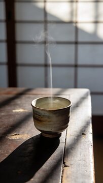 a Japanese-style tea ceremony set on a dark wooden table. A thin, perfectly focused stream of steam rising from a handmade ceramic cup