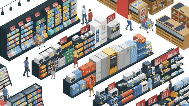 Isometric vector illustration of modern grocery store with shopping carts and customers Vector