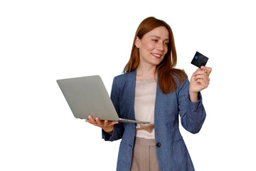 Naklejka premium Woman holding laptop and credit card doing online shopping, e-commerce, and secure banking on transparent background