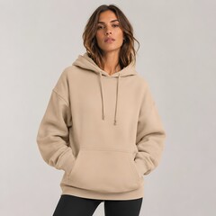 Obraz premium A woman wearing a beige hooded sweatshirt stands with her hands in her pockets, looking directly at the camera. The sweatshirt has a large front pocket and drawstring hood