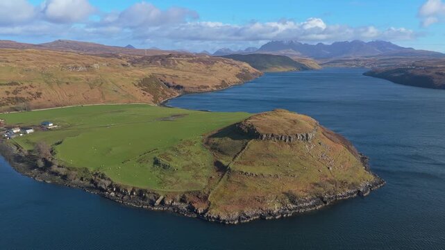 Aerial view of gesture bay viewpoint on the isle of skye in scotland