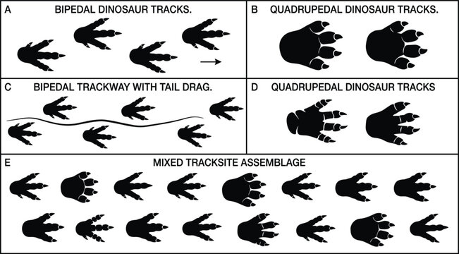 An abstract illustration of bipedal and quadrupedal dinosaur tracks, prehistoric footprints, a tail drag trackway, and a mixed tracksite assemblage.